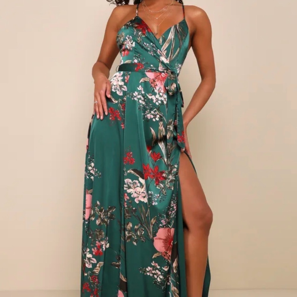 Lulus still the one emerald green floral print satin maxi dress
